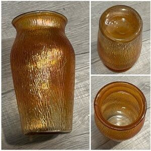 Vintage Jeanette Finlandia Marigold Iridescent Carnival Glass Tree Bark Vase